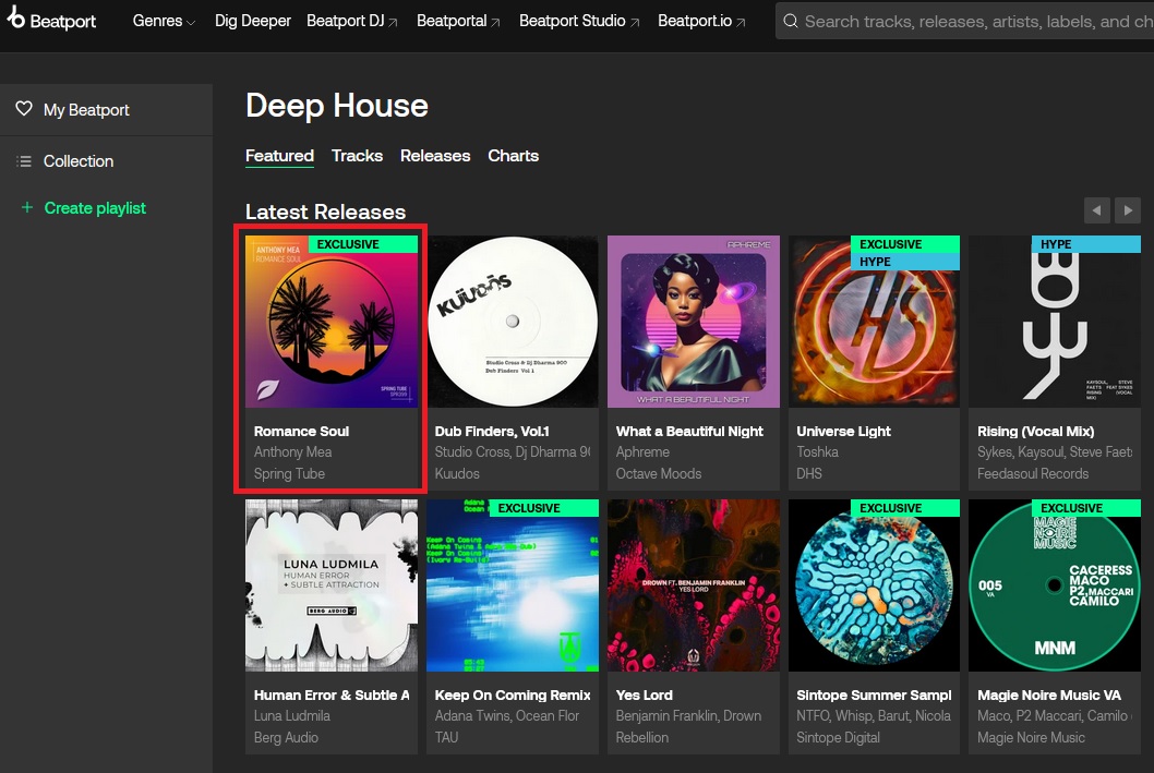 Our latest release, the new album by <a href="/anthonymeamusic/">Anthony Mea</a>,
is at <a href="/beatport/">Beatport</a>'s Deep House Featured Releases this week

* Check out this album release in case you've missed it:
tinyurl.com/Beatport-SPR399