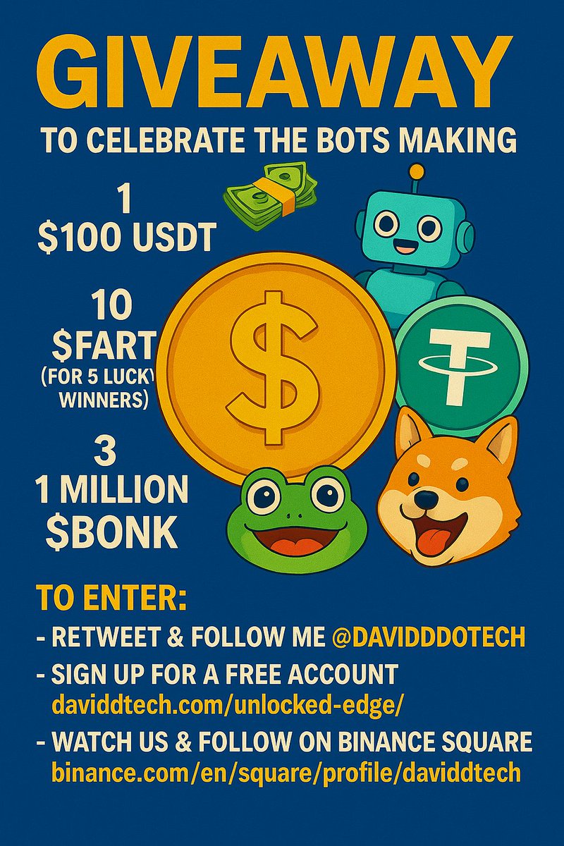 💎 Giveaway - to celebrate the BOTS making 🤑!

1 - $100 USDT 
2 - 10 $FARTCOIN (for 5 lucky winners)
3 -  1 million $BONK (for 3 lucky winners)

To enter:
 - Repost &amp; Follow Me <a href="/DaviddDotTech/">Davidd Tech</a> 
- Sign up for a free account daviddtech.com/unlocked-edge/
- Watch us &amp; Folllow on Binance