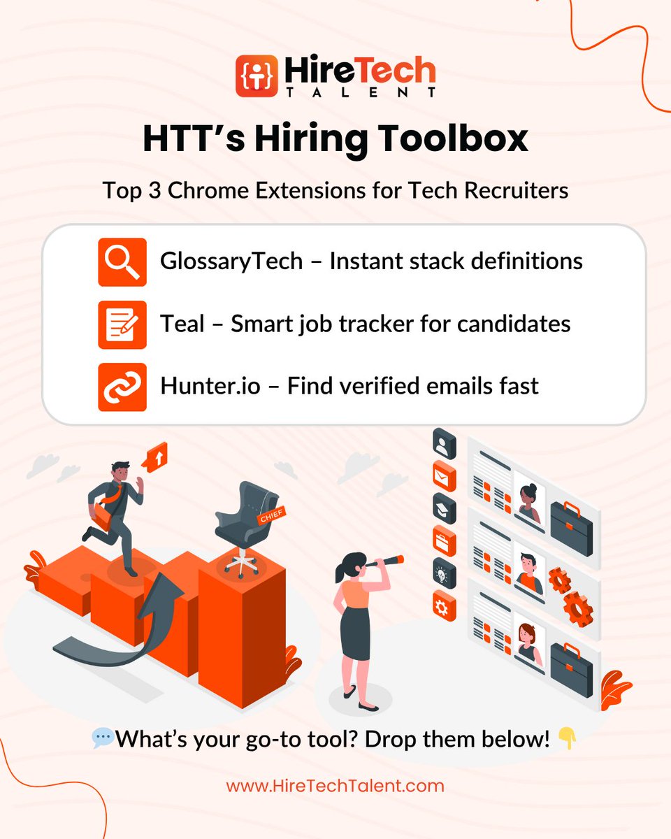 hiretechtalents's tweet image. Hiring Toolbox 🔧

HTT’s fave Chrome extensions for tech recruiters:

🔍 GlossaryTech – Instant stack defs
📝 Teal – Smart job tracker
🔗 Hunter.io – Verified emails, fast

What’s in your hiring stack?

#RecruiterTools #HiringStack #HTTEngagement