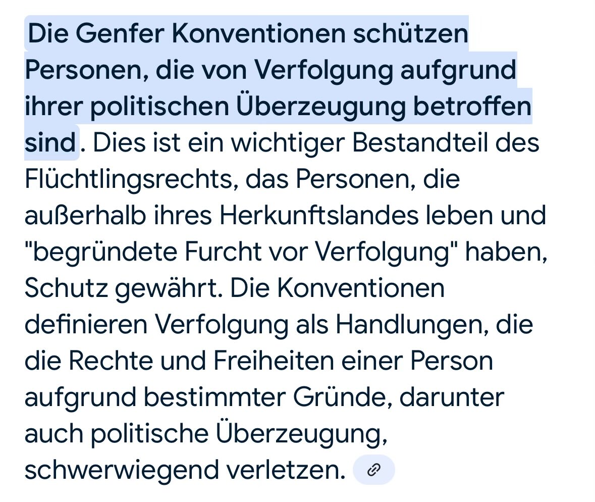 Wer heute, oder auch sonst, wegen seiner politischen Meinung Besuch von der Polizei bekommt, gilt nach der Genfer Konvention als „politisch Verfolgter“ und hat somit Anspruch auf Asyl in einem Land seiner Wahl.