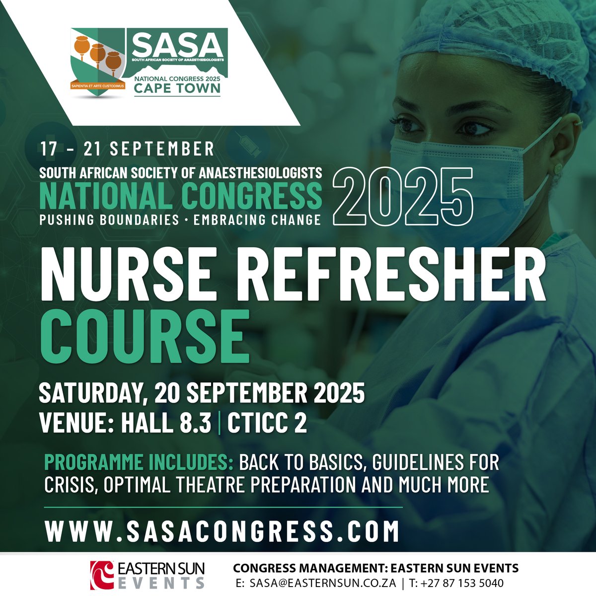docanaesthetic's tweet image. Calling all nurses! Ready to refresh your knowledge and reignite your passion?
Join us for the Nurse Refresher Course at the #SASA2025 National Congress on 20 September at CTICC 2.
Let’s push boundaries and embrace change together.
For details, visit: sasacongress.com