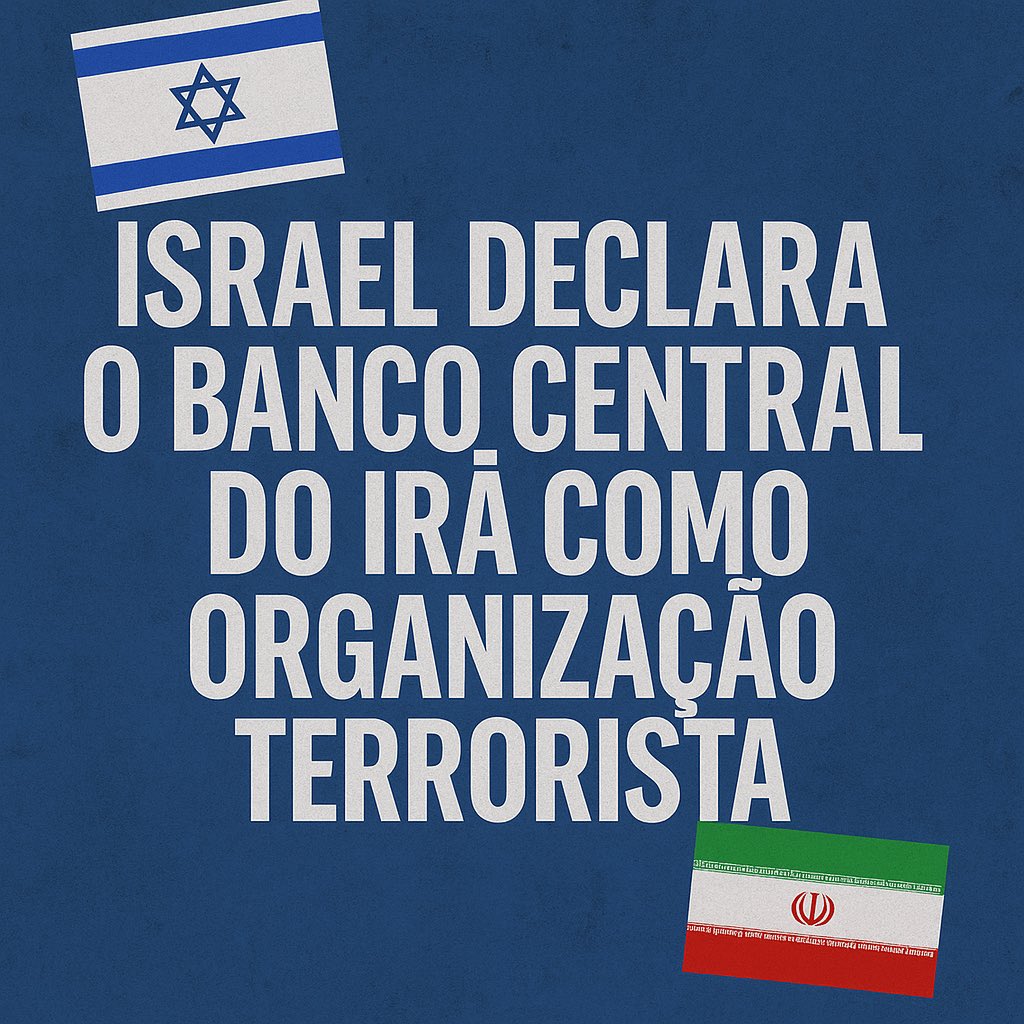 desireerugani's tweet photo. Israel declara o Banco Central do Irã como organização terrorista

O ministro da Defesa de Israel, Israel Katz, assinou uma ordem especial classificando o Banco Central do Irã, dois outros bancos, uma empresa ligada ao exército iraniano e três altos funcionários do regime como organizações e agentes terroristas.

🔎 A decisão foi tomada com base em informações do Mossad e recomendações do Centro Nacional de Luta Econômica contra o Terrorismo.
Objetivo: atingir o coração financeiro do regime iraniano, que abastece grupos terroristas como Hezbollah, houthis, milícias xiitas no Iraque e a Força Quds.

🛑 As entidades agora classificadas como terroristas:
1️⃣ Banco Central do Irã (CBI)
2️⃣ Banco Shahr
3️⃣ Banco Mellat
4️⃣ Sepahr Energy Jahan (empresa militar ligada à venda ilegal de petróleo)
5️⃣ Majid A’zami (Ministério do Petróleo)
6️⃣ Jamshid Eshaghi (alto oficial militar)
7️⃣ Elyas Nirumand Tumaj (responsável por contrabando de petróleo)

💬 Israel Katz:

“O Banco Central do Irã não é uma instituição financeira. É um canal de financiamento para o terrorismo assassino. Vamos atacar onde mais dói no regime dos aiatolás.”