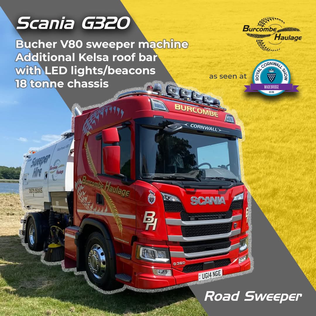 Our new Scania road sweeper is out and about on its first job today - as seen on display at The Royal Cornwall Show. With its unique registration plate for Mark (aka Ginge!) it will be heading west working for Corserv on the new Truro local distributor road.