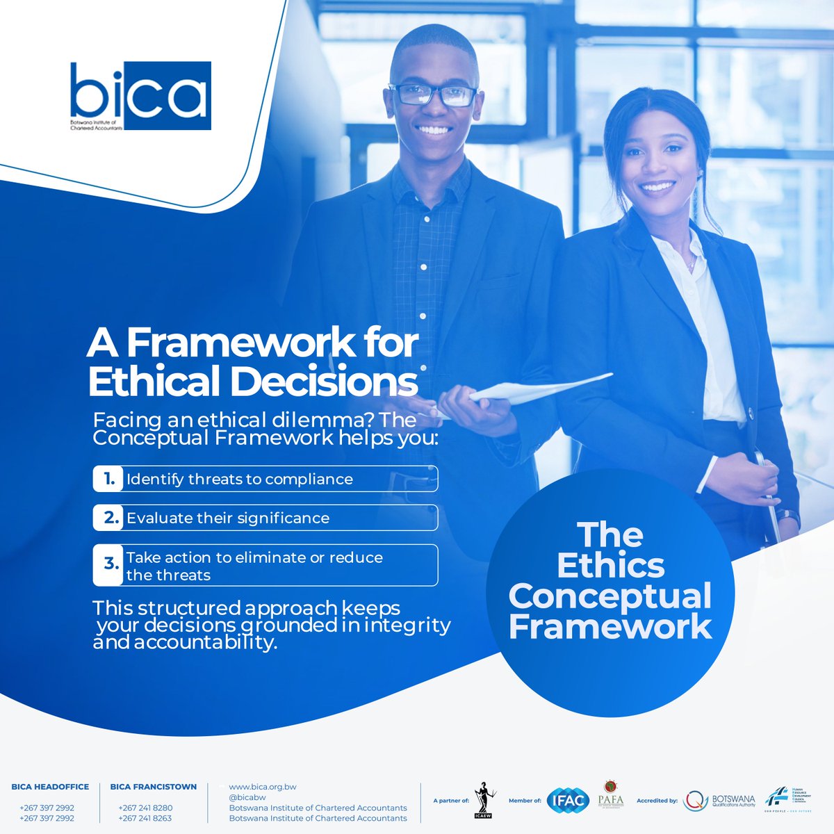 bicabw's tweet photo. 𝐀 𝐅𝐫𝐚𝐦𝐞𝐰𝐨𝐫𝐤 𝐟𝐨𝐫 𝐄𝐭𝐡𝐢𝐜𝐚𝐥 𝐃𝐞𝐜𝐢𝐬𝐢𝐨𝐧𝐬

1.Identify threats to compliance
2.Evaluate their significance
3.Take action to eliminate or reduce the threats

#EthicalFramework #BICA #AccountingEthics #IntegrityInPractice https://t.co/kRpzqJdlUD