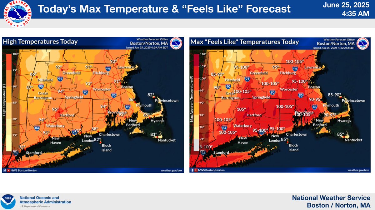 🌡️ A Heat Advisory is in effect through 7 PM today. Highs will reach the upper 80s to mid 90s for most, with 80s across the Cape and Islands. It’ll feel more like the 90s to near 100° with the humidity. Stay cool and take it easy if you’re outdoors #MAwx #RIwx #CTwx
