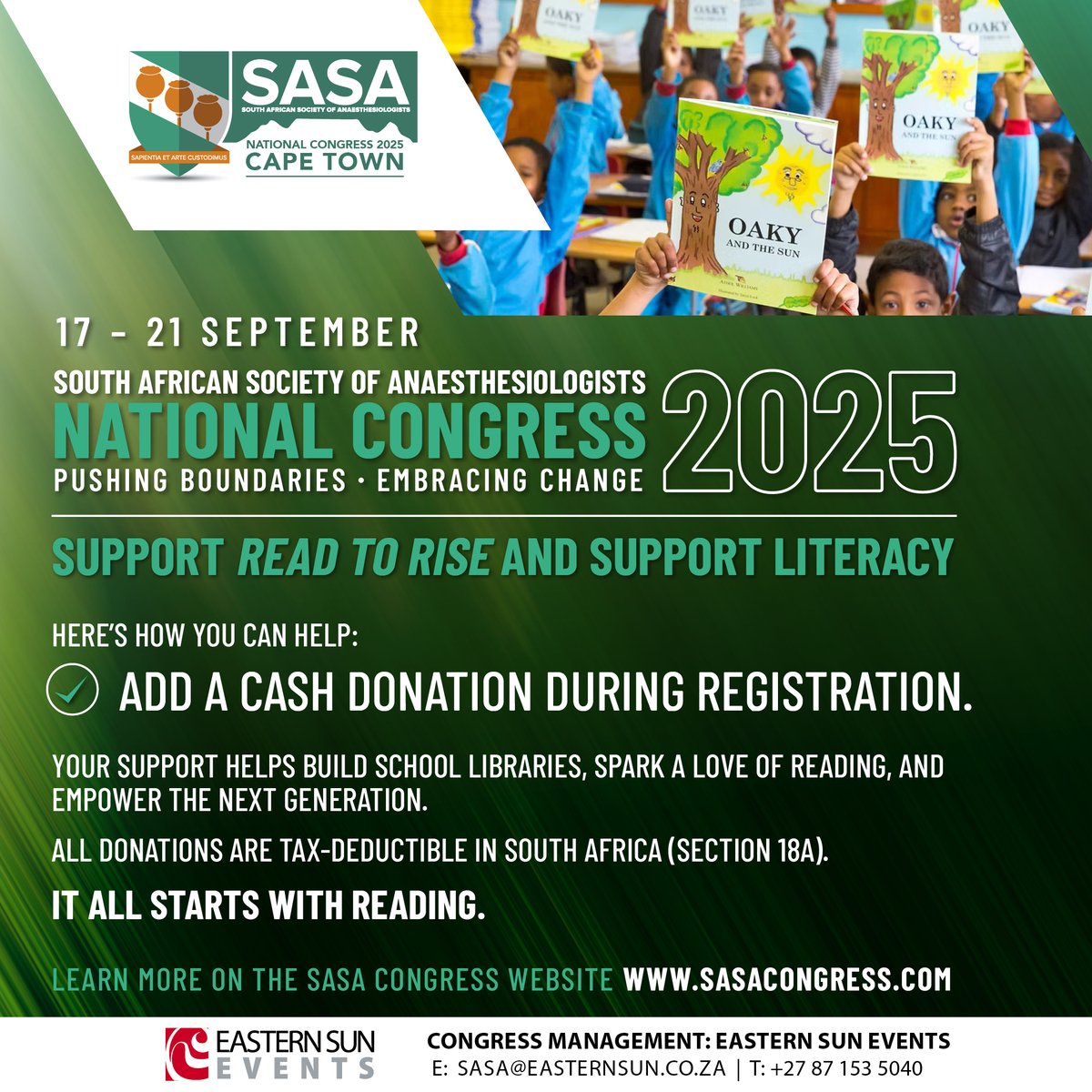 docanaesthetic's tweet image. We invite you to support READ to RISE, a non-profit promoting literacy in under-resourced South African communities. Children need to read in order to rise.
How to:
Add a cash donation to your congress registration form
Donate a book at the congress; or
visit the SASA stand