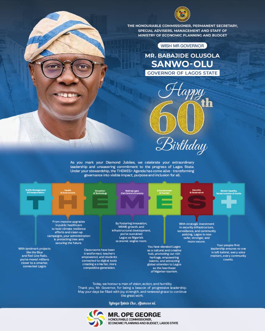 Happy Birthday to Mr. Governor, Mr. Babajide Olusola Sanwo-Olu Governor of Lagos State

Mr Governor sir, on this joyful occasion of your birthday, we extend our warmest wishes and deepest appreciation for your dynamic leadership and unwavering commitment to building a resilient,