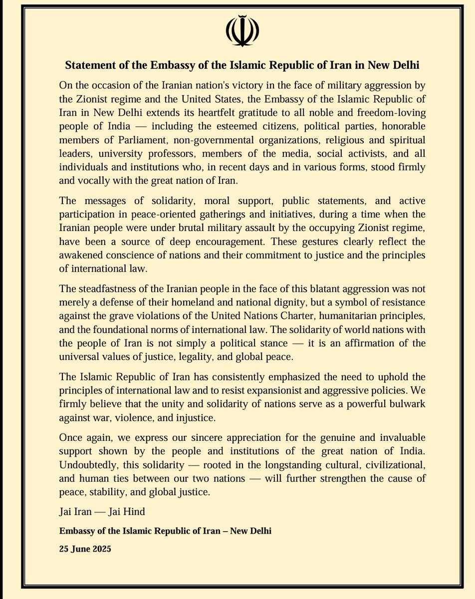 The Iranian embassy issues a statement, thanking people of India who 'stood firmly &amp; vocally' with Iran. Statement