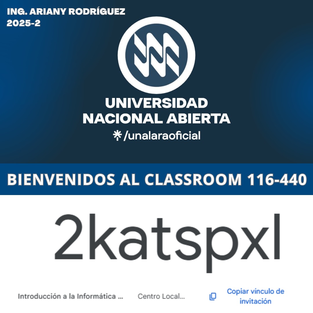 Saludos estimados estudiantes, bienvenidos a la materia 116-440. Por acá está el enlace para que accedan a la plataforma: classroom.google.com/c/NzAwMTcwNjE5…

Allí encontraran las indicaciones para realizar los trabajos prácticos y las fechas en qué deben entregarlos. 

Exitos a todos!