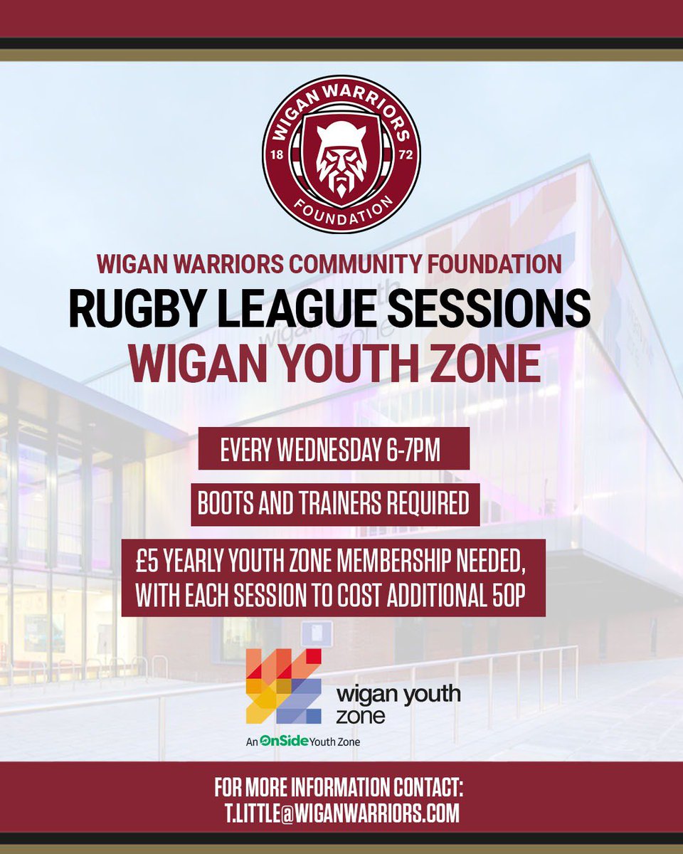 Wigan Warriors Community Foundation ๐โช๏ธ (@wiganwarriorscf) on Twitter photo ๐ <a href="/WiganWarriorsCF/">Wigan Warriors Community Foundation ๐โช๏ธ</a> are pleased to be hosting Rugby League sessions at <a href="/WiganYouthZone/">Wigan Youth Zone</a> each Wednesday as part of our Engage Programme.
Don't miss out on joining the fun this evening between 6-7pm! ๐
#WWRL ๐ <a href="/WiganWarriorsCF/">Wigan Warriors Community Foundation ๐โช๏ธ</a> are pleased to be hosting Rugby League sessions at <a href="/WiganYouthZone/">Wigan Youth Zone</a> each Wednesday as part of our Engage Programme.
Don't miss out on joining the fun this evening between 6-7pm! ๐
#WWRL