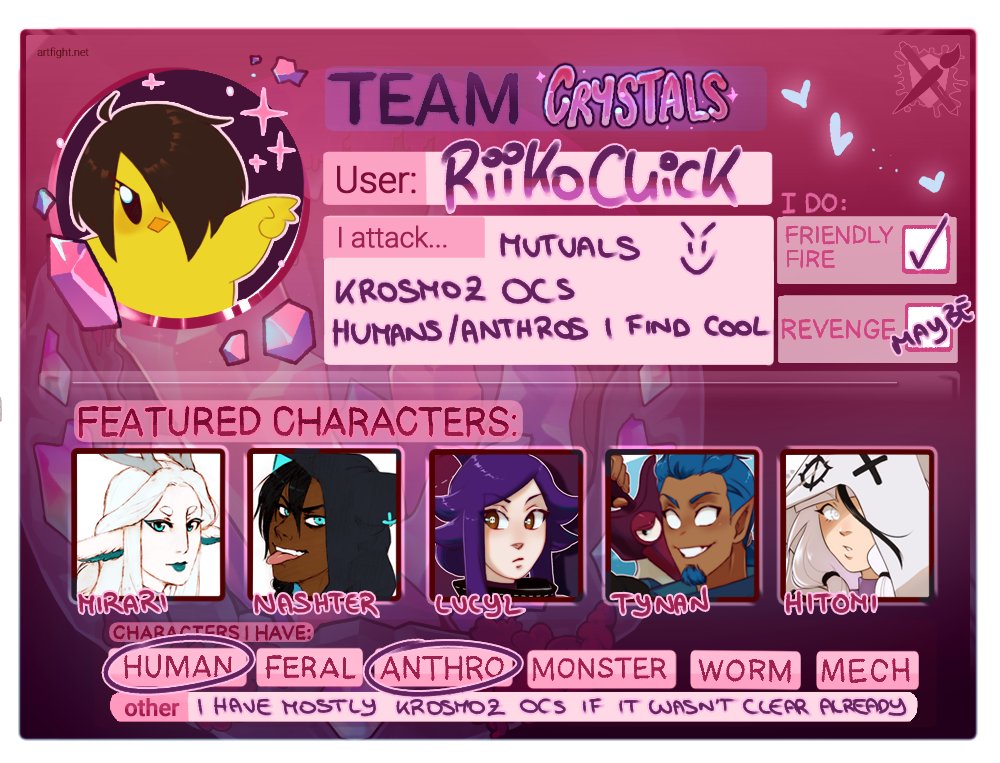 ChickRiiko's tweet image. It's my first time joining art fight so bear with me, I'm still learning 🫠
I'll be prioritising attacking mutuals and try my best in doing some revenges too ✌️
#artfight #artfight2025