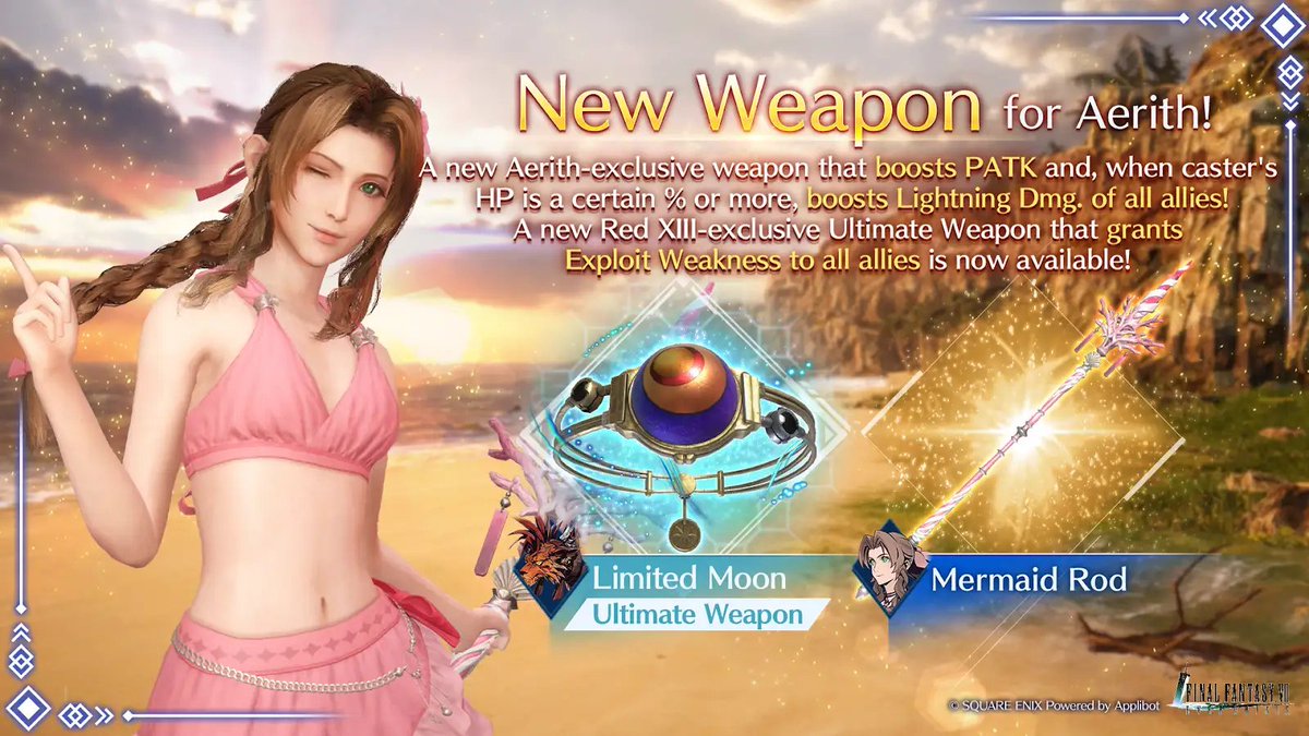 Aerith New Weapon Featured Draw is On Now!

The Aerith-Exclusive Mermaid Rod is available now!
In the Stamp Card, you can acquire the Exclusive Gear, Pink Mermaid Beachwear (Aerith)!

Event period: Jun. 25 7:00 PM–Aug. 3 6:59 PM PDT

#FF7EC