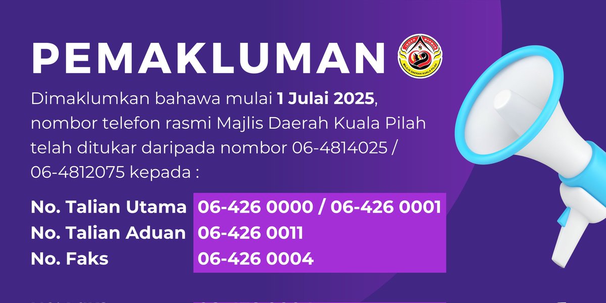 [PEMAKLUMAN @ MDKP]

Dimaklumkan bahawa mulai 1 Julai 2025, nombor telefon rasmi Majlis Daerah Kuala Pilah telah ditukar daripada nombor 06-4814025 / 06-4812075 kepada :

No. Talian Utama - 06-426 0000 / 06-426 0001
No. Talian Aduan - 06-426 0011
No. Faks - 06-426 0004