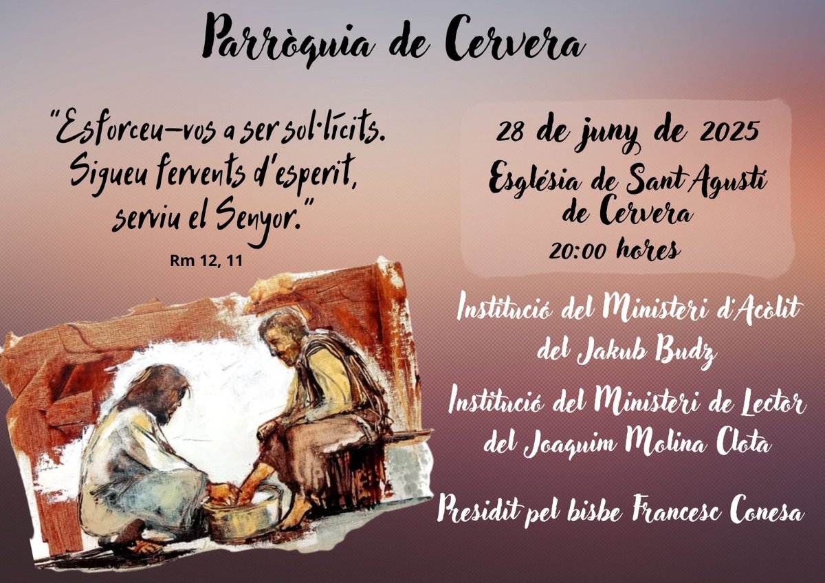 Aquest dissabte 28 de juny en Joaquim Molina i en Jakub Budz seran instituïts lector i acòlit, respectivament, a l’església de Sant Agustí de #Cervera a les 8 del vespre, de mans del bisbe Francesc Conesa #bisbatsolsona share.google/6ezr4A6L5AlGi0…