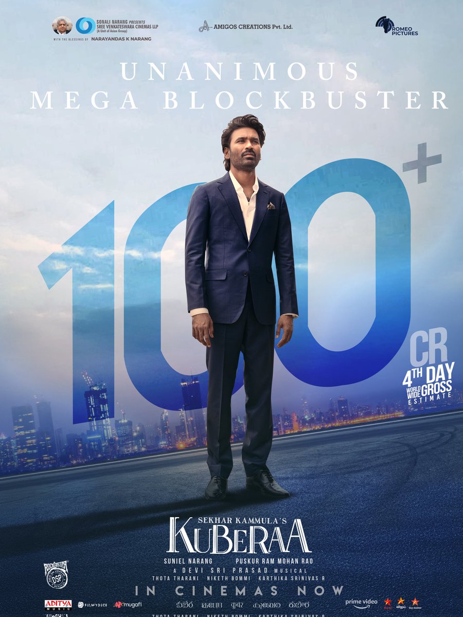 #Kuberaa Blockbuster 💥🔥 

100+ Crs in just 4 Days 👍 Still more to Go 💥 

Back to Back 100 Cr club for #Dhanush 💪