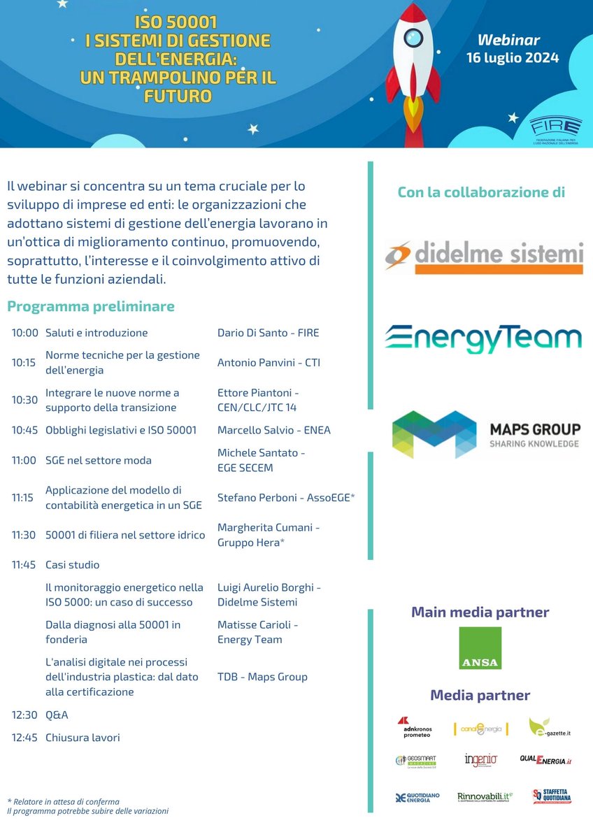 Webinar 📷 𝐈𝐒𝐎 𝟓𝟎𝟎𝟎𝟏. 𝐈 𝐒𝐢𝐬𝐭𝐞𝐦𝐢 𝐝𝐢 𝐆𝐞𝐬𝐭𝐢𝐨𝐧𝐞 𝐝𝐞𝐥𝐥’𝐄𝐧𝐞𝐫𝐠𝐢𝐚: 𝐮𝐧 𝐭𝐫𝐚𝐦𝐩𝐨𝐥𝐢𝐧𝐨 𝐩𝐞𝐫 𝐢𝐥 𝐟𝐮𝐭𝐮𝐫𝐨
📷 16 giugno dalle 10.00 alle 13.00

Iscriviti e partecipa gratuitamente al webinar ↪️ fire-italia.org/evento/iso-500…