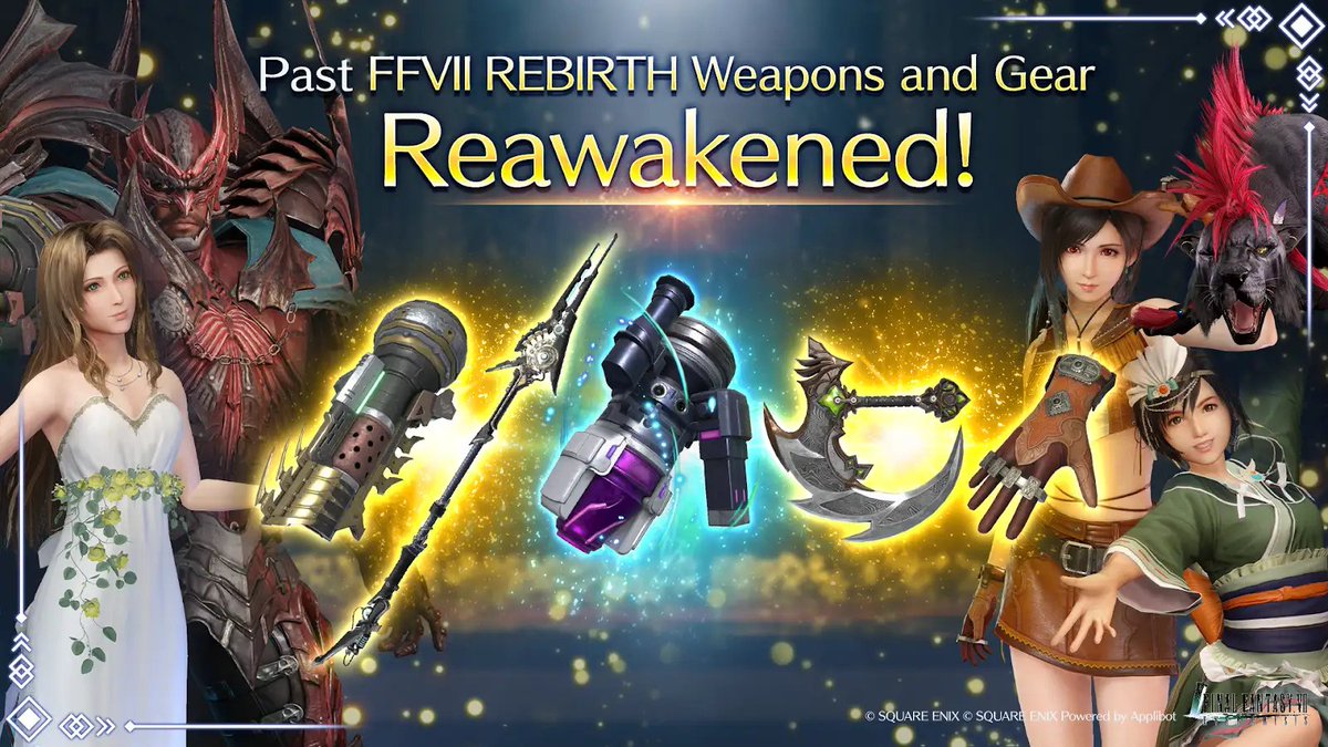 FFVII REBIRTH Crossover Reawakened Draw On Now

Crossover weapons Guide Gloves, Gambanteinn, Bird of Prey, and Fafnir Rifle are back!
You can also acquire crossover gear in the Stamp Card!

Period: Jun. 25 7:00 PM-Aug. 3 6:59 PM PDT

#FF7EC #FF7EverCrisis