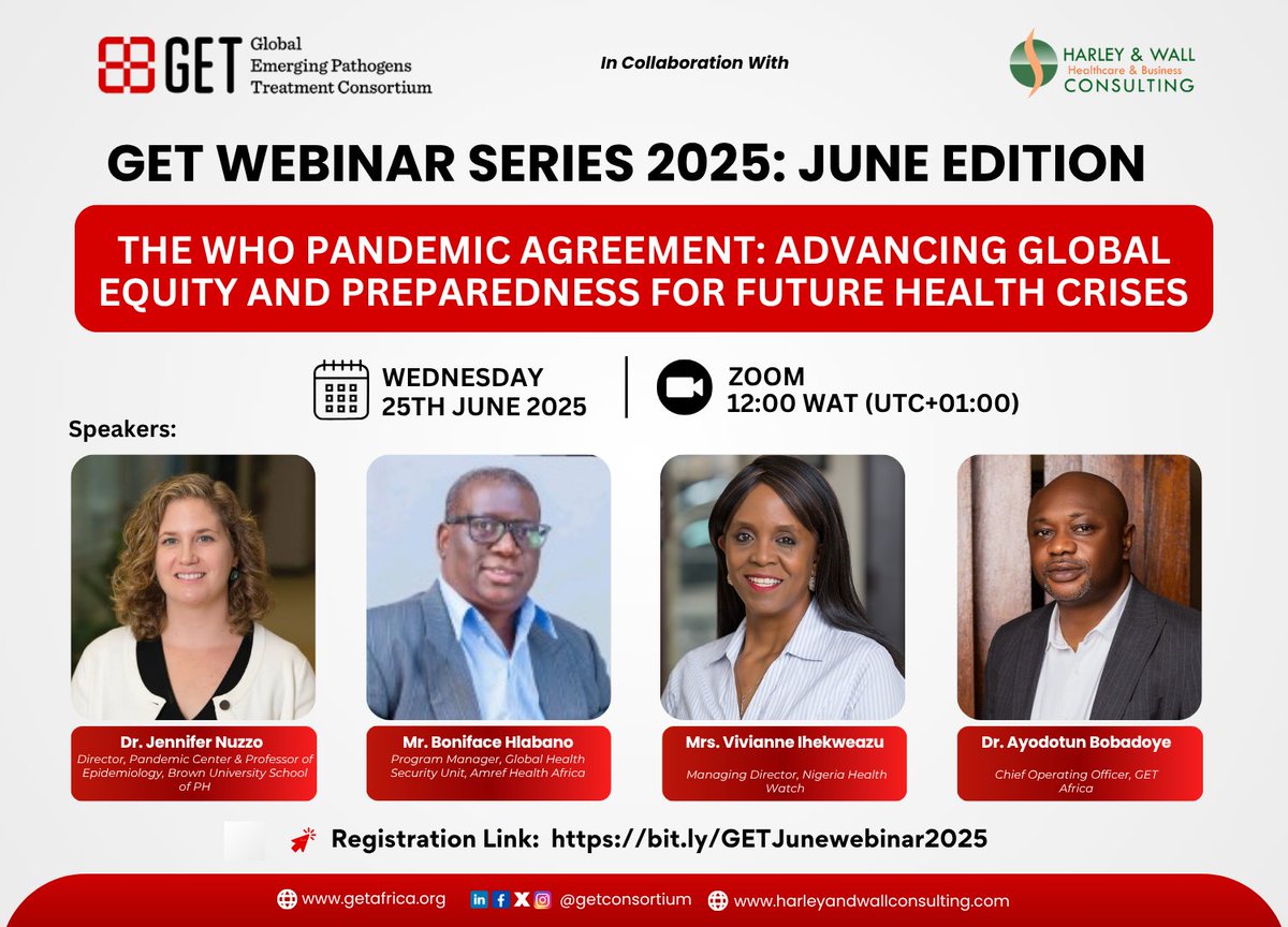📣 Happening Today!
Join global health experts at 12PM WAT as we dive into the WHO Pandemic Agreement — shaping equity &amp; preparedness for future crises.

💻 Zoom🎟️ Register now: bit.ly/GETJunewebinar…

Don’t miss this crucial conversation. The time to act is now
#publichealth