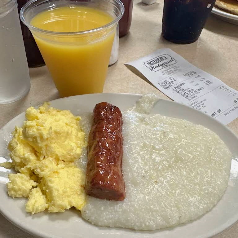 Early Bird Special (M-F 7-9AM) Scrambled eggs, smoked sausage, plain grits,
biscuit, coffee or sm. orange juice (no substitutions) USD $8. 📸 Elizabeth Z. /Google ☀️Open 7am-10pm daily 🎁Gifts INFO linktr.ee/mothersrestaur… #mothersrestaurant