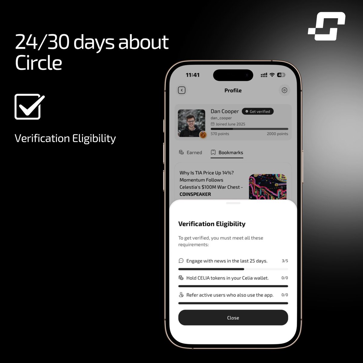 Day 24/30 of <a href="/CirclebyCelia/">Circle</a> Features! 

Today, we’re introducing the "Verification Eligibility" feature. Check your eligibility to get verified with requirements like news engagement, CELIA token holding, and user referrals—no effort wasted! Circle is coming soon to iOS and