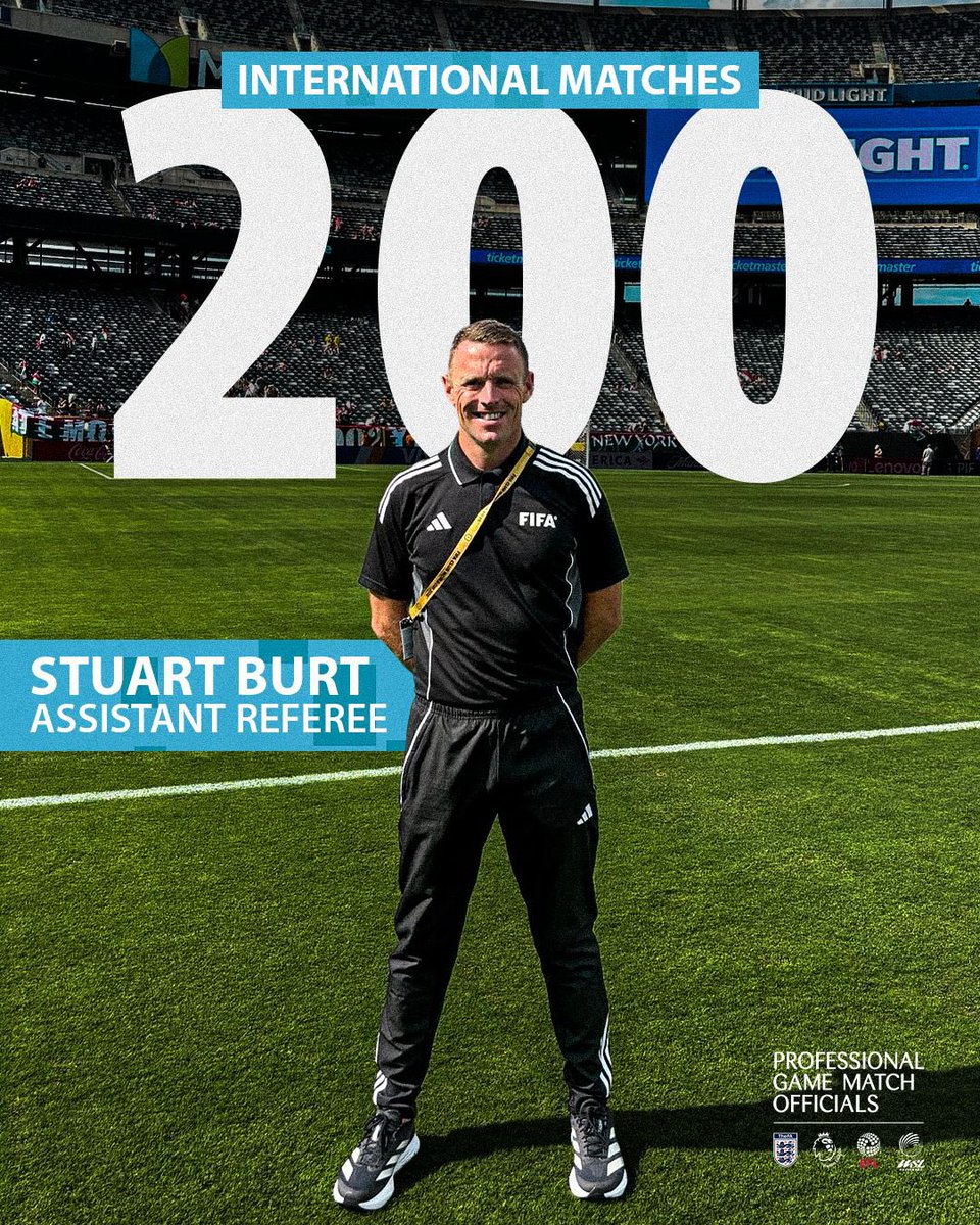 200 international matches as an assistant referee 👏

🗺️ From the World Cup to two European Championships, Stuart Burt continues to proudly represent England across UEFA and FIFA competitions — a fantastic milestone on the global stage.