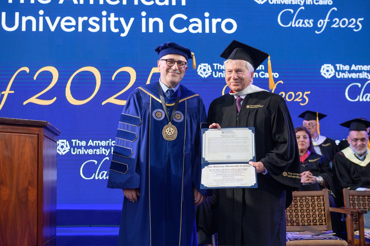 AUC's tweet image. AUC proudly honors Mohammad Abu-Ghazaleh ’67 with an honorary degree at the 2025 Commencement. A visionary leader and proud alum, his legacy spans global business, innovation, and impact. #AUCDriven