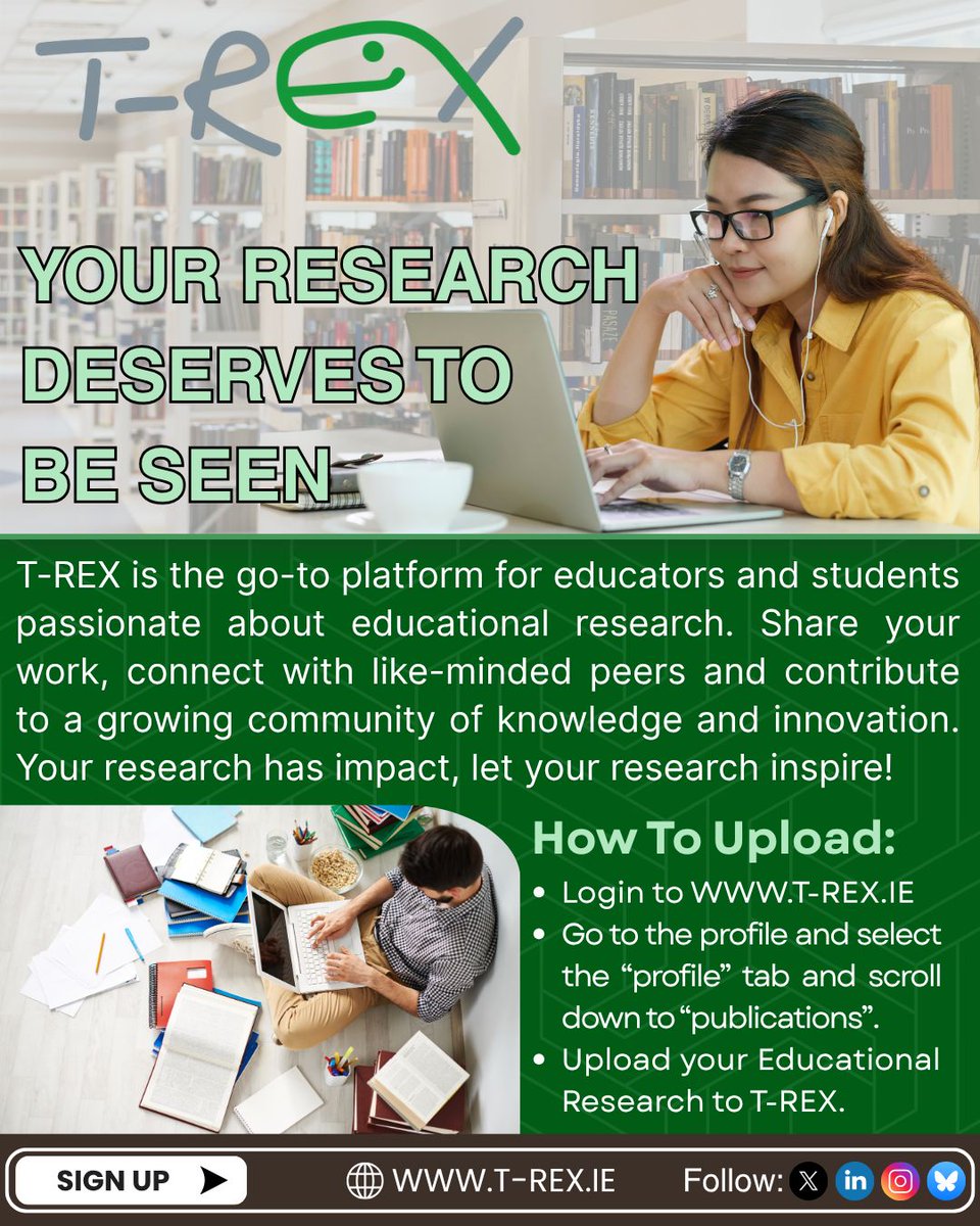 T-REX (@educationtrex) on Twitter photo Calling all educators, teachers and students!  
Upload your research to T-REX! Whether you're a 🎓 Master’s/PhD student, 📚 researcher,📝 author or 🎭 creative. Make your work accessible and actionable.  
Join now: t-rex.ie Calling all educators, teachers and students!  
Upload your research to T-REX! Whether you're a 🎓 Master’s/PhD student, 📚 researcher,📝 author or 🎭 creative. Make your work accessible and actionable.  
Join now: t-rex.ie