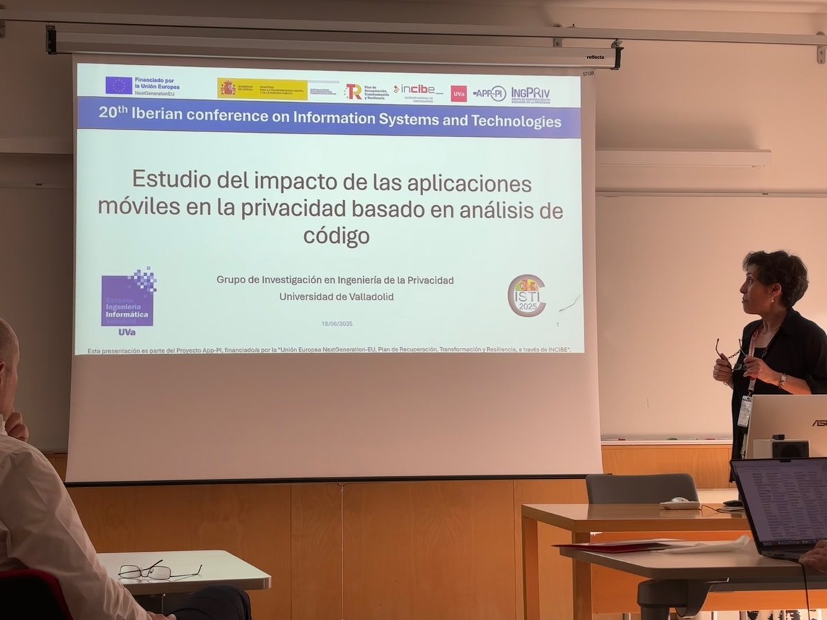 IngPrivUVa (@ingprivuva) on Twitter photo En #CISTI2025 <a href="/mercedesinfor/">Mercedes</a> presentó el trabajo de <a href="/InformDelAverno/">Informático del Averno</a> una herramienta #PET que detecta discrepancias entre la política d #privacidad y lo que hacen las #appsmóviles acortar.link/X7UmpY <a href="/INCIBE/">INCIBE</a> <a href="/EIInfUVa/">Ei Informática Vall</a> <a href="/UVa_es/">Gabinete de Comunicación Universidad de Valladolid</a>
#AppPI #IngPriv #NextGenerationEU #ProyectosCiber En #CISTI2025 <a href="/mercedesinfor/">Mercedes</a> presentó el trabajo de <a href="/InformDelAverno/">Informático del Averno</a> una herramienta #PET que detecta discrepancias entre la política d #privacidad y lo que hacen las #appsmóviles acortar.link/X7UmpY <a href="/INCIBE/">INCIBE</a> <a href="/EIInfUVa/">Ei Informática Vall</a> <a href="/UVa_es/">Gabinete de Comunicación Universidad de Valladolid</a>
#AppPI #IngPriv #NextGenerationEU #ProyectosCiber