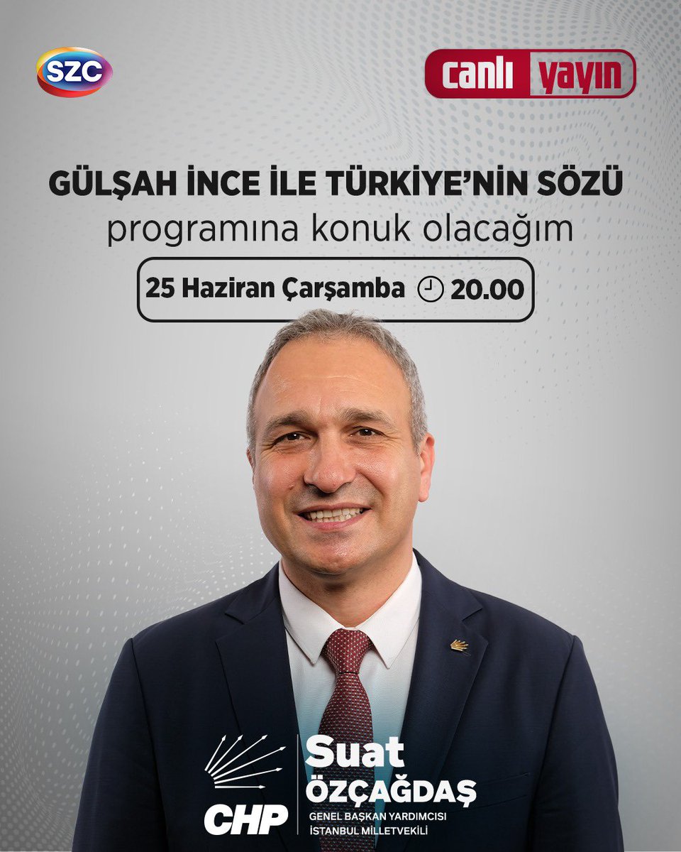 Suat Özçağdaş (@suat_ozcagdas) on Twitter photo 📍Sözcü TV
🗓25 Haziran Çarşamba
🕙20.00
Bugün Gülşah İnce ile Türkiye'nin Sözü programına konuk olacağım.
İzlemeniz dileğiyle...
<a href="/szctelevizyonu/">SÖZCÜ Televizyonu</a> <a href="/gulsahince/">Gülşah İnce</a> 📍Sözcü TV
🗓25 Haziran Çarşamba
🕙20.00
Bugün Gülşah İnce ile Türkiye'nin Sözü programına konuk olacağım.
İzlemeniz dileğiyle...
<a href="/szctelevizyonu/">SÖZCÜ Televizyonu</a> <a href="/gulsahince/">Gülşah İnce</a>