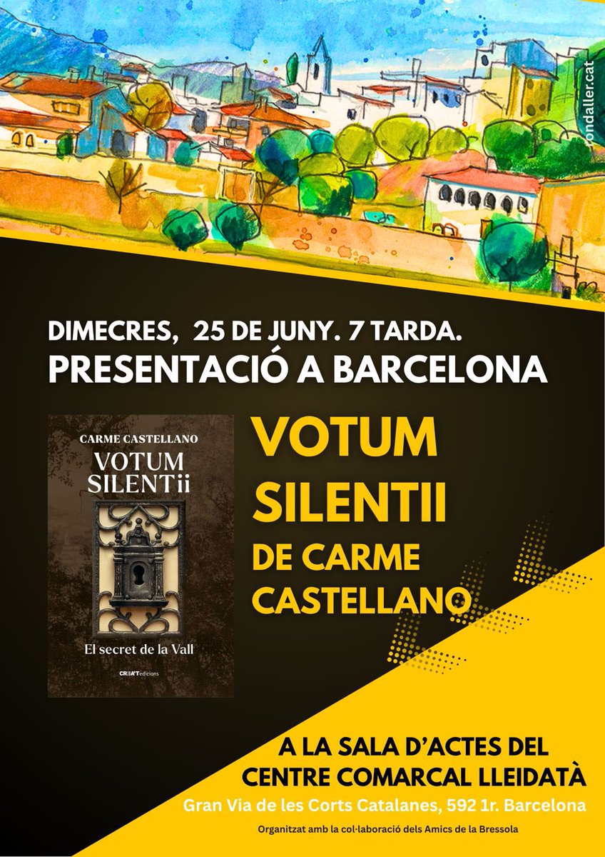 Aquesta tarda al <a href="/CCLleidata/">Centre Comarcal Lleidatà</a> presentem el llibre VOTUM SILENTII, de Carme Castellano 📖 La crònica de Bernat de Déu (no pas <a href="/BernatDedeu/">Bernat Dedéu</a>) ens descobreix el secret més ben guardat de la Vallalta, durant els segles que va ser un condomini vaticà amb tribunal inquisidor propi…