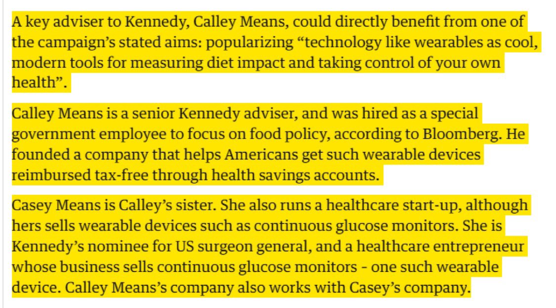 DIRTY:   RFK Jr.’s senior advisor, Calley Means, co-founded a company that helps Americans get wearables reimbursed through health savings accounts.

His sister Casey, RFK Jr.'s Surgeon General nominee, runs a startup that sells glucose monitors.

Their companies work together.