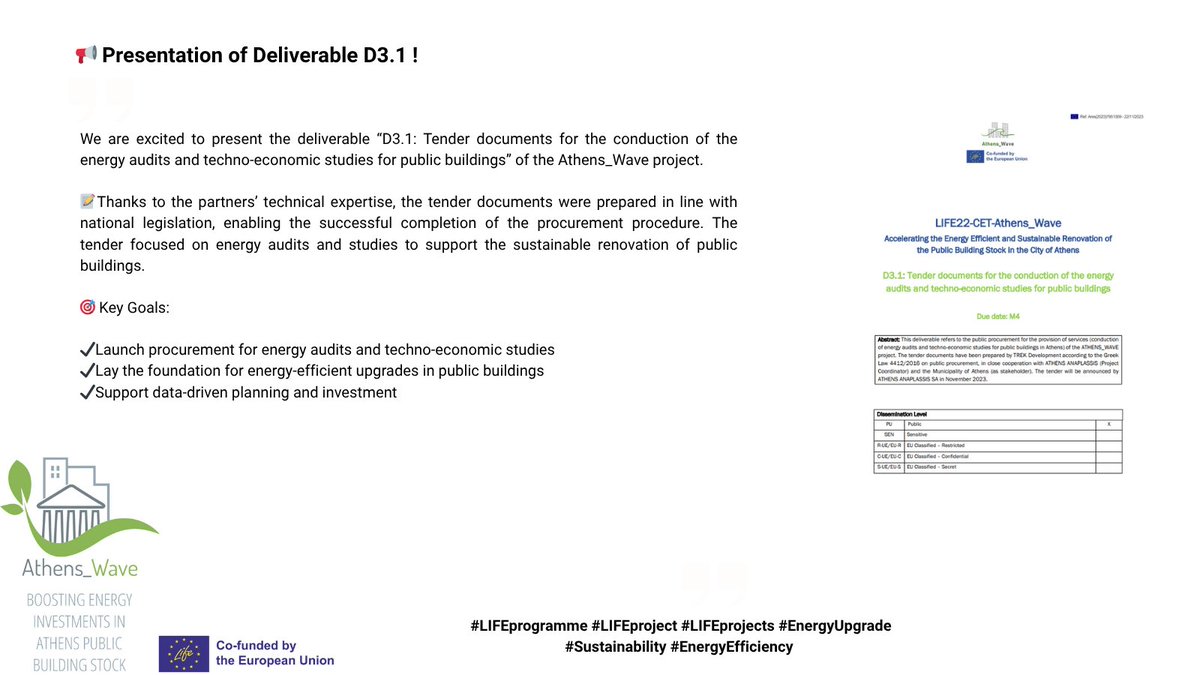 Athens_Wave's tweet photo. 📢 Presentation of Deliverable D3.1 !

ℹ️ Learn more: https://t.co/HTj0c2eoQ5

🌐 Visit the website: https://t.co/hhN9U4PVhd

#LIFEprogramme #LIFEproject #LIFEprojects #EnergyUpgrade #Sustainability #EnergyEfficiency https://t.co/FZ4720cwUM
