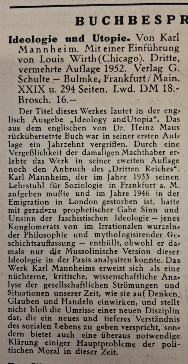 PhilippLenhard's tweet image. Eine Rezension der von Heinz Maus aus dem Englischen rückübersetzten Neuauflage von Karl Mannheims Buch "Ideologie und Utopie", erschienen in den "Münchener Jüdischen Nachrichten" vom 31. Oktober 1952. #Archivfund