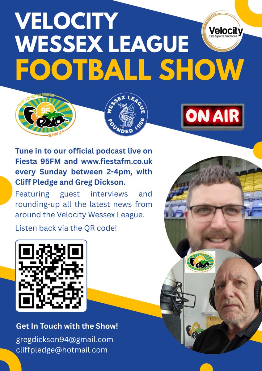 Brockenhurst FC (@brock_fc) on Twitter photo 📻 VELOCITY WESSEX LEAGUE FOOTBALL SHOW 📻
Don't forget to tune into the <a href="/FlWessex/">Velocity Wessex League Podcast</a> every Sunday from 2pm-4pm with <a href="/GREGDICKSON10/">GREG DICKSON</a> & <a href="/CliffPledge/">Cliff Pledge</a> 📻 VELOCITY WESSEX LEAGUE FOOTBALL SHOW 📻
Don't forget to tune into the <a href="/FlWessex/">Velocity Wessex League Podcast</a> every Sunday from 2pm-4pm with <a href="/GREGDICKSON10/">GREG DICKSON</a> & <a href="/CliffPledge/">Cliff Pledge</a>