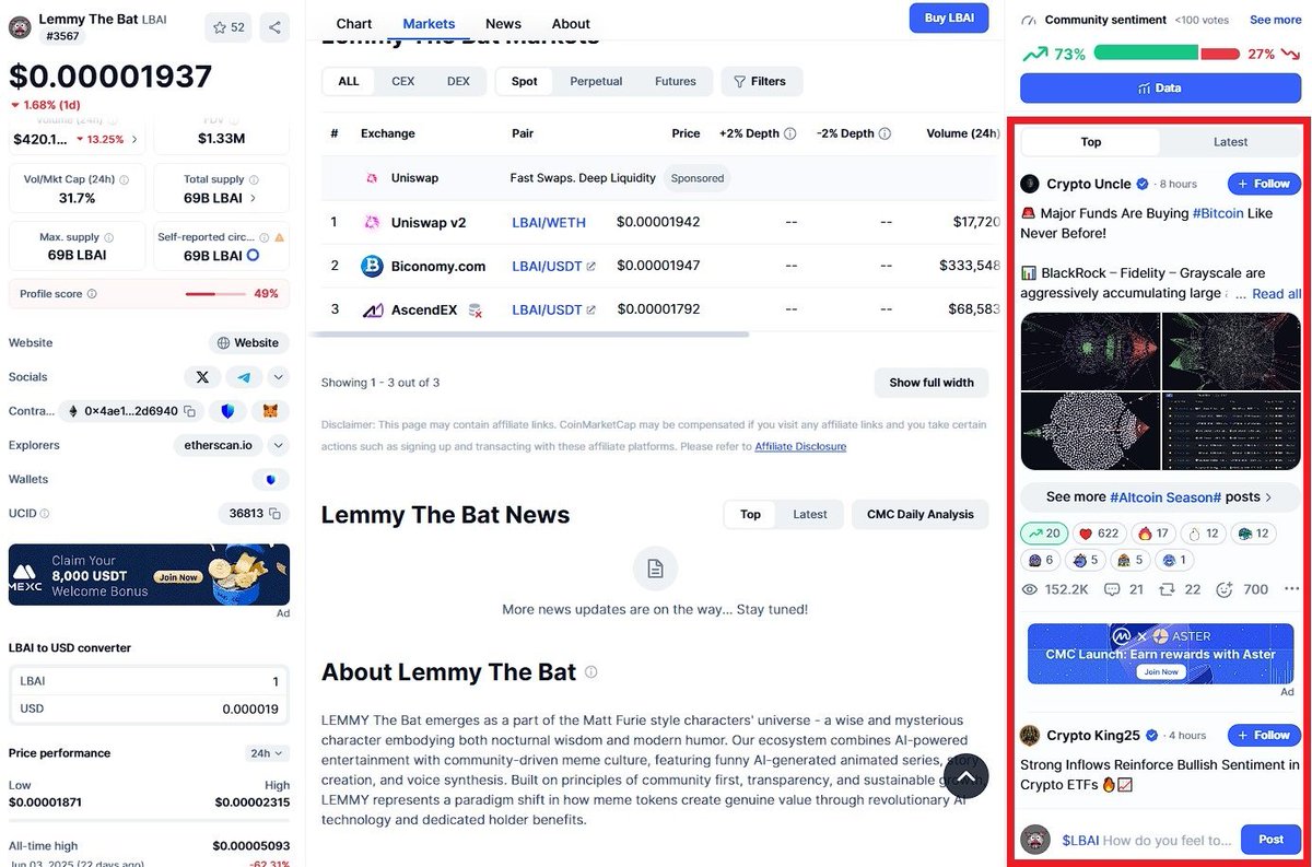 Our $LBAI CMC Community page is active!

We can also talk about our project in real time using the "Live Discussion Board" on @Coinmarketcap

coinmarketcap.com/currencies/lem…