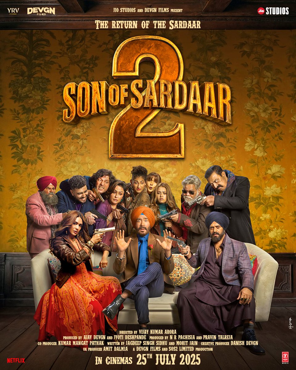 SumitkadeI's tweet image. #JioStudios &amp;amp; #DevgnFilms unveil the striking new poster of #SonOfSardaar featuring the power-packed ensemble cast!

The much-awaited entertainer arrives in cinemas 25 July 2026 

#AjayDevgn roars back as SARDAAR 🔥

@jiostudios @ADFFilms @ajaydevgn @mrunal0801 @RealVinduSingh…