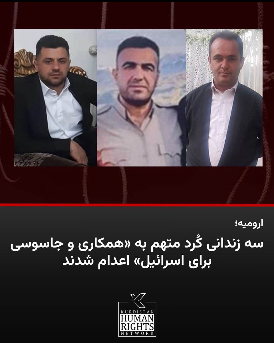 Soran Qurbani (@sorqur) on Twitter photo On the first day of the truce between #Iran and #Israel, three Kurdish men were executed by the Iranian government on charges of spying for Israel. 
The Islamic Republic of Iran appears to revenge its military and intelligence humiliation by suppressing its own people. On the first day of the truce between #Iran and #Israel, three Kurdish men were executed by the Iranian government on charges of spying for Israel. 
The Islamic Republic of Iran appears to revenge its military and intelligence humiliation by suppressing its own people.