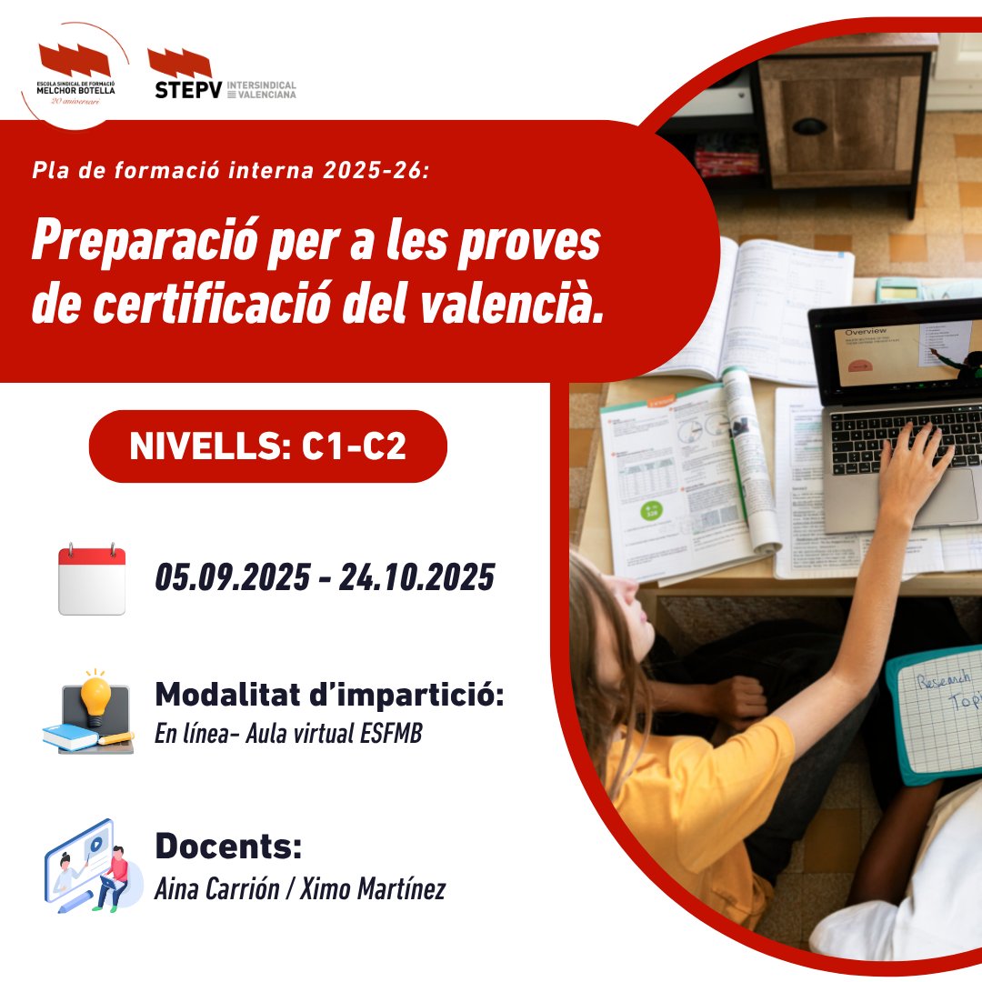 Has intentat obtenir un certificat de #valencià, i encara no ho has aconseguit? El nostre #curs en línia de preparació per a les proves de C1 i C2, és la resposta ideal per a tu!
Enllaç d'inscripció:  shorturl.at/3MCVm
🔴 ESFMB: L'ESCOLA QUE ENS UNEIX! 🤝