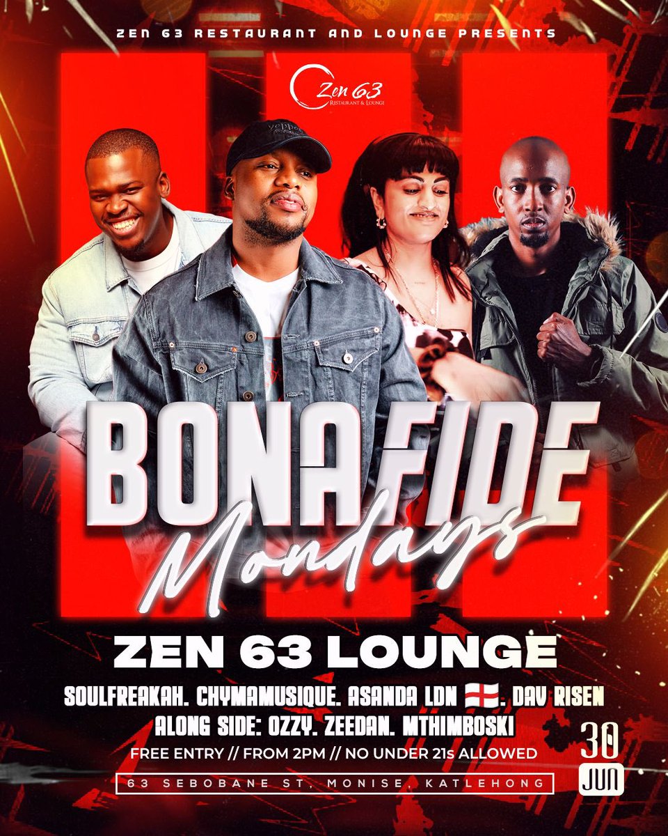 Musique Guide 

▪️Frid - Boksburg 📍 Birchwood Hotel
▪️Sat - Mahikeng 📍 Motimalenyora 
▪️Sun - Wynberg 📍 Vibes On Main 
▪️Mon - Katlehong 📍 Zen63