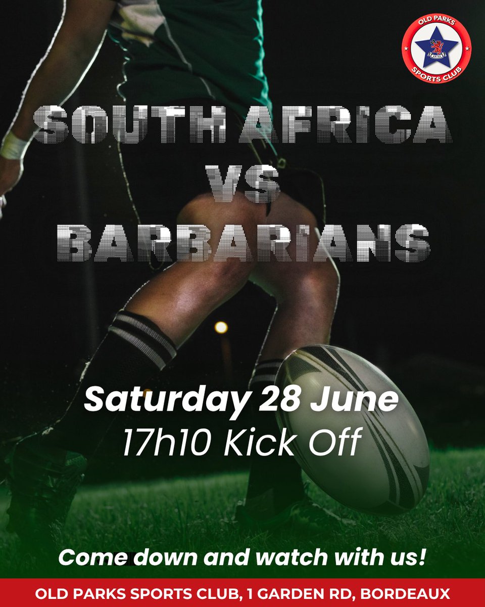 🔥 Get ready, rugby fans! 🏈
The clash you’ve been waiting for is almost here — South Africa vs Barbarians, Saturday, 28 June kicking off at 17:10!
Bring the gees. Wear your green and gold. Let’s make it LOUD!
Come down and watch with us.
#SAvBAR #Rugby