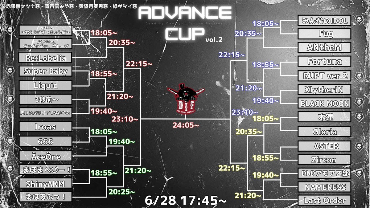 DIF_dbd's tweet photo. ⚠️今週末開催⚠️
DIF Advance Cup vol.2
6/28 18:00~配信開始

第二目にして２７チームでの開催となり、４窓となります！！
注目チーム大集合！！✨

複数窓視聴用：https://t.co/0ISTICXx2u 

赤果無セツナ窓↓
https://t.co/QPptCXtnSp

青百雲みや窓↓
https://t.co/fhyMcDwogt

黄望月奏兎窓↓
https://t.co/kQL9rxcNUg

緑ギタイ窓↓
https://t.co/UgOwfN7ihi

［大会概要］※トーナメント表とメンバー表はこちらから確認できます。
https://t.co/9jXR5xVgcH

#DIF
#dbd大会情報