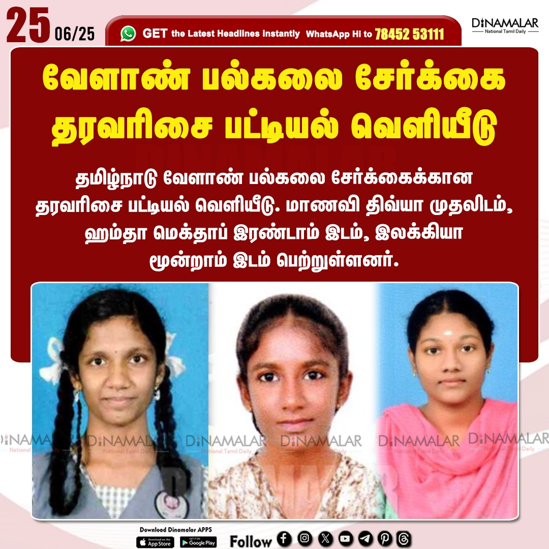 dinamalarweb's tweet image. வேளாண் பல்கலை சேர்க்கை
தரவரிசை பட்டியல் வெளியீடு 
#TNAU | #Admission  | #RankingList  | #AgriculturalUniversity 
dinamalar.com