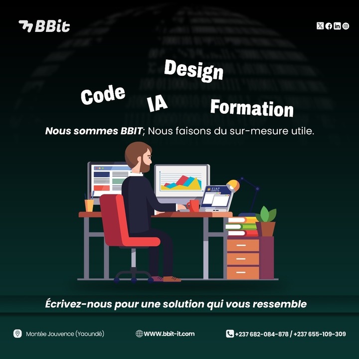 📌 Une solution digitale que personne n’utilise ?
🛑 Il est temps de dire stop aux solutions numériques décoratives.
Chez BBIT, on fait du sur-mesure utile : Code, IA, Design, Formation

📞 Contactez-nous dès maintenant +237 682 084 878
📍Yaoundé – Montée Jouvence

#BBIT