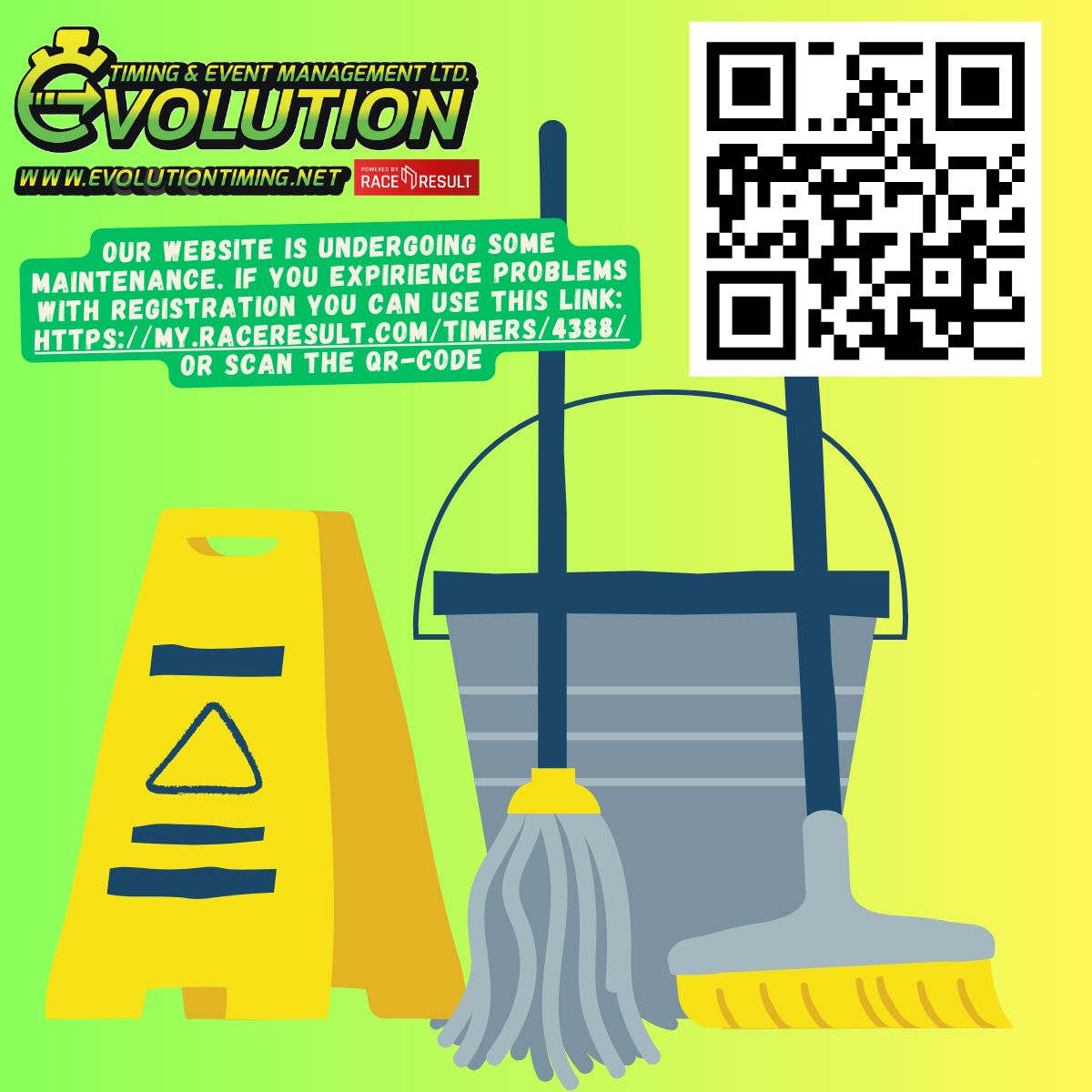 EvolutionTimeTT's tweet image. Important message for the users of our Website:
You may experience trouble signing up for races today...
Please don&apos;t  worry, you can still sign up by scanning   the QR-code in the picture or click on this link:
my.raceresult.com/timers/4388/ 
#evolutiontimingtt #evolutiontiming