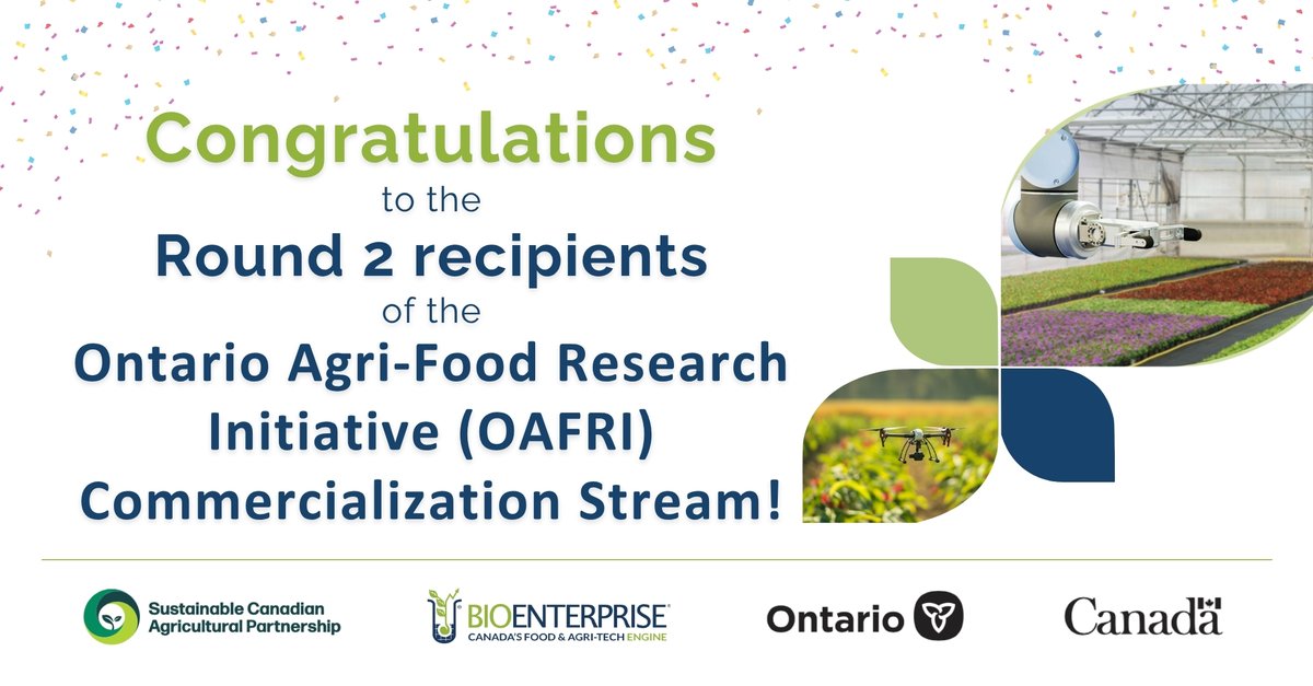 Announcing 12 successful applicants of the Ontario Agri-Food Research Initiative (OAFRI) Commercialization Stream! 

Through Sustainable CAP support, they'll receive funding for market validation and product development projects. 

Read  ➡️bioenterprise.ca/bioenterprise-…
<a href="/AgricultureON/">Ontario Agriculture, Food and Agribusiness</a>