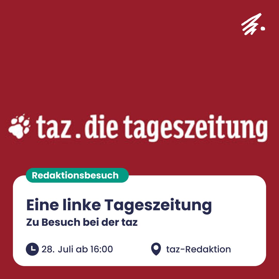 deinejpb's tweet photo. 📰 Wie arbeitet eine unabhängige linke Redaktion? 🗞 Am 28. Juli (16 Uhr) lädt uns die taz zum Redaktionsbesuch ein – inkl. Hausführung &amp; Blick über Berlin.
Jetzt anmelden – https://t.co/KwfVj8uiDT 
#JugendpresseBerlinBrandenburg #taz #Redaktionsbesuch #Journalismus https://t.co/sBs89uU1Nj