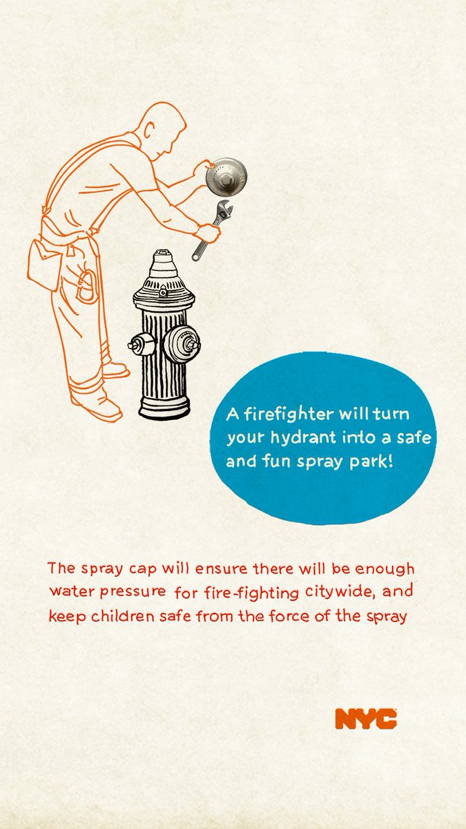 New Yorkers, if you're using a hydrant to beat the heat, use a spray cap!

Remember that illegally opened hydrants waste 1,000+ gallons/min, lower water pressure, and can stir up sediment — causing discolored tap water. Get a cap from <a href="/FDNY/">FDNY</a>!