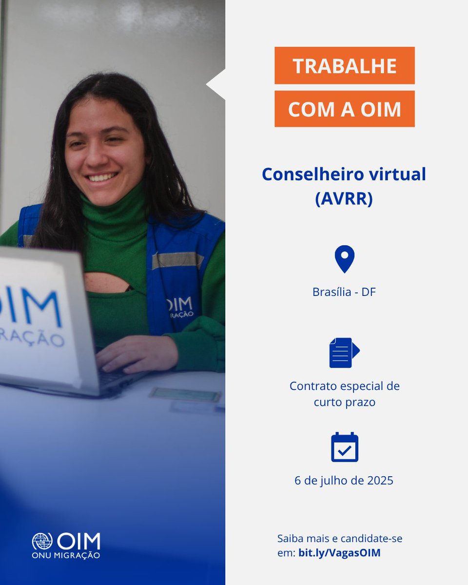 A OIM está em busca de uma pessoa para compor a equipe de Apoio ao Retorno Voluntário e Reintegração em Brasília (DF).

Confira as informações em nosso site pelo link : bit.ly/VagasOIM

As inscrições ficam abertas até o dia 6 de julho.