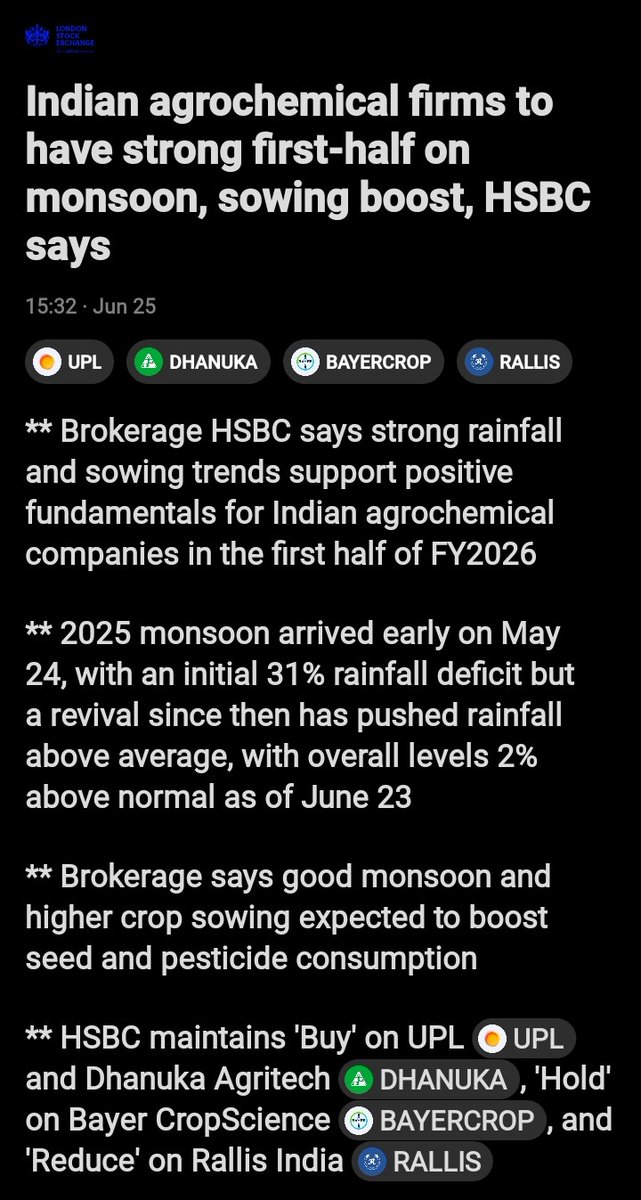 tejas485585's tweet image. HSBC anticipates a strong H1 FY2026 for Indian agrochemical firms (#UPL, #Dhanuka Agritech, #BayerCropScience, Rallis India) due to a robust monsoon boosting demand.✌️✌️
#StockMarketIndia