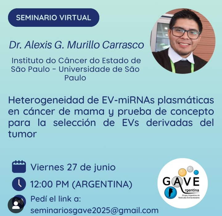 gave_arg's tweet image. Este viernes 27 de junio a las 12 PM (ARG) el seminario estará a cargo del Dr. Alexis G. Murillo Carrasco, del Instituto do Câncer do Estado de São Paulo.
Si no sos parte de GAVE y te interesa asistir, pedí el link a seminariosgave2025@gmail.com
Los esperamos!!